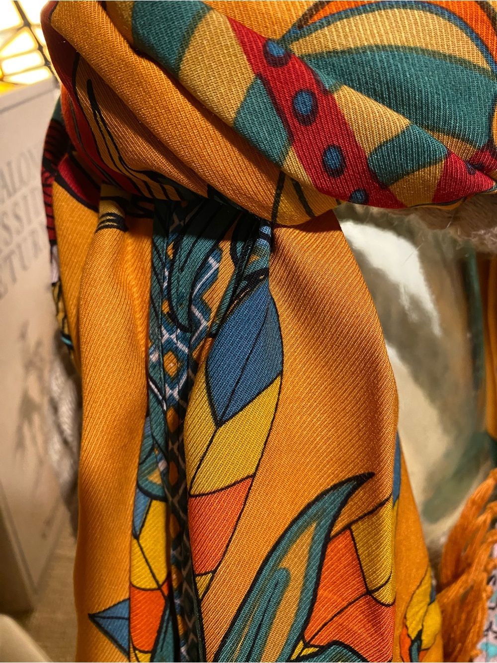 Vintage Gold Floral Fringe Scarf with Teal and White Accents